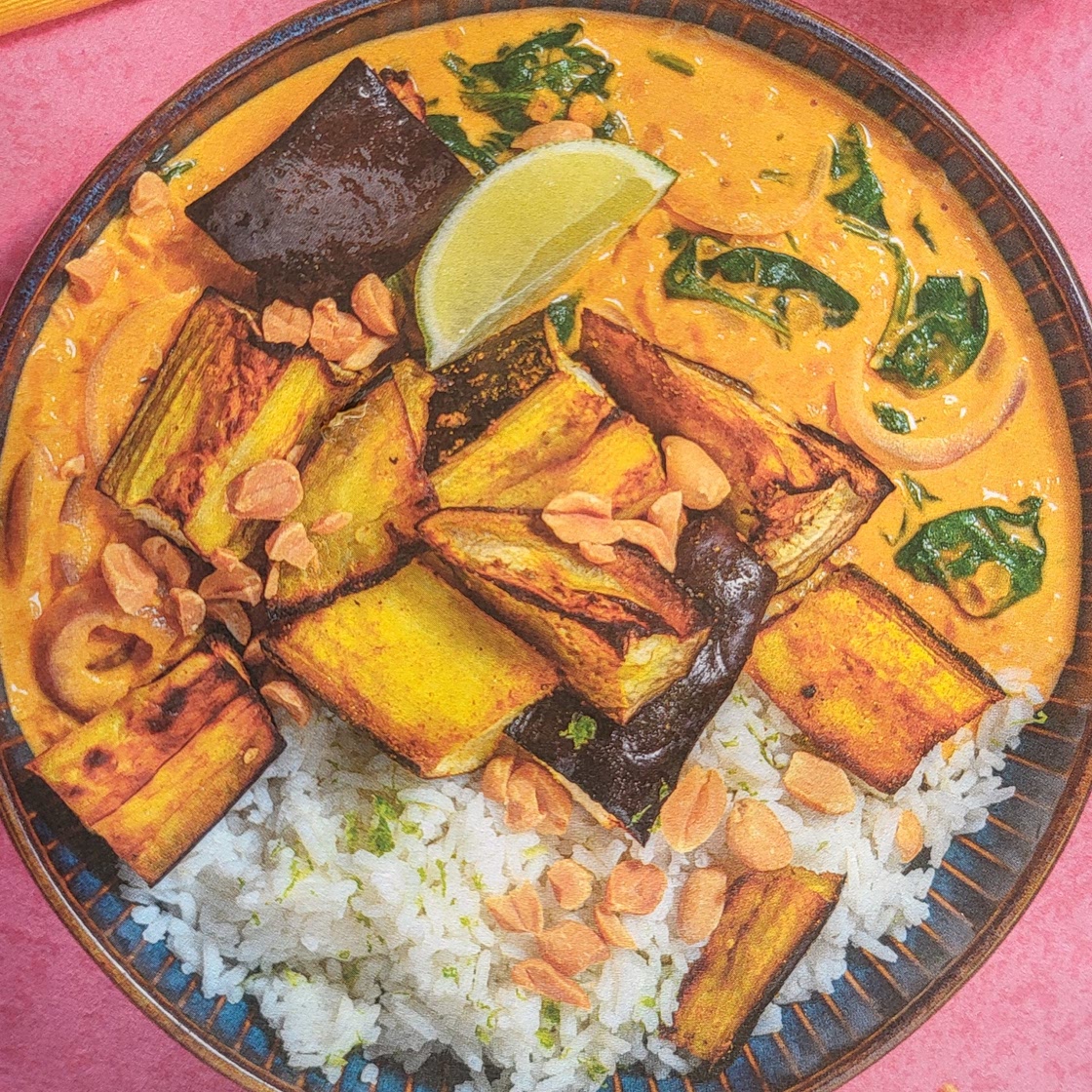 Sri Lankan Style Lentil Sambar Curry with Roasted Aubergine, Zesty Rice and Peanuts