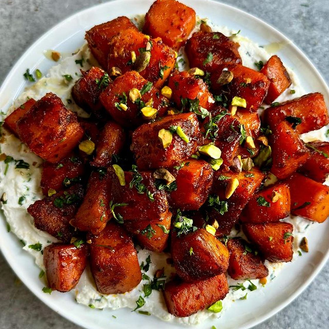HONEY-CHILI GLAZED SWEET POTATOES WITH WHIPPED RICOTTA