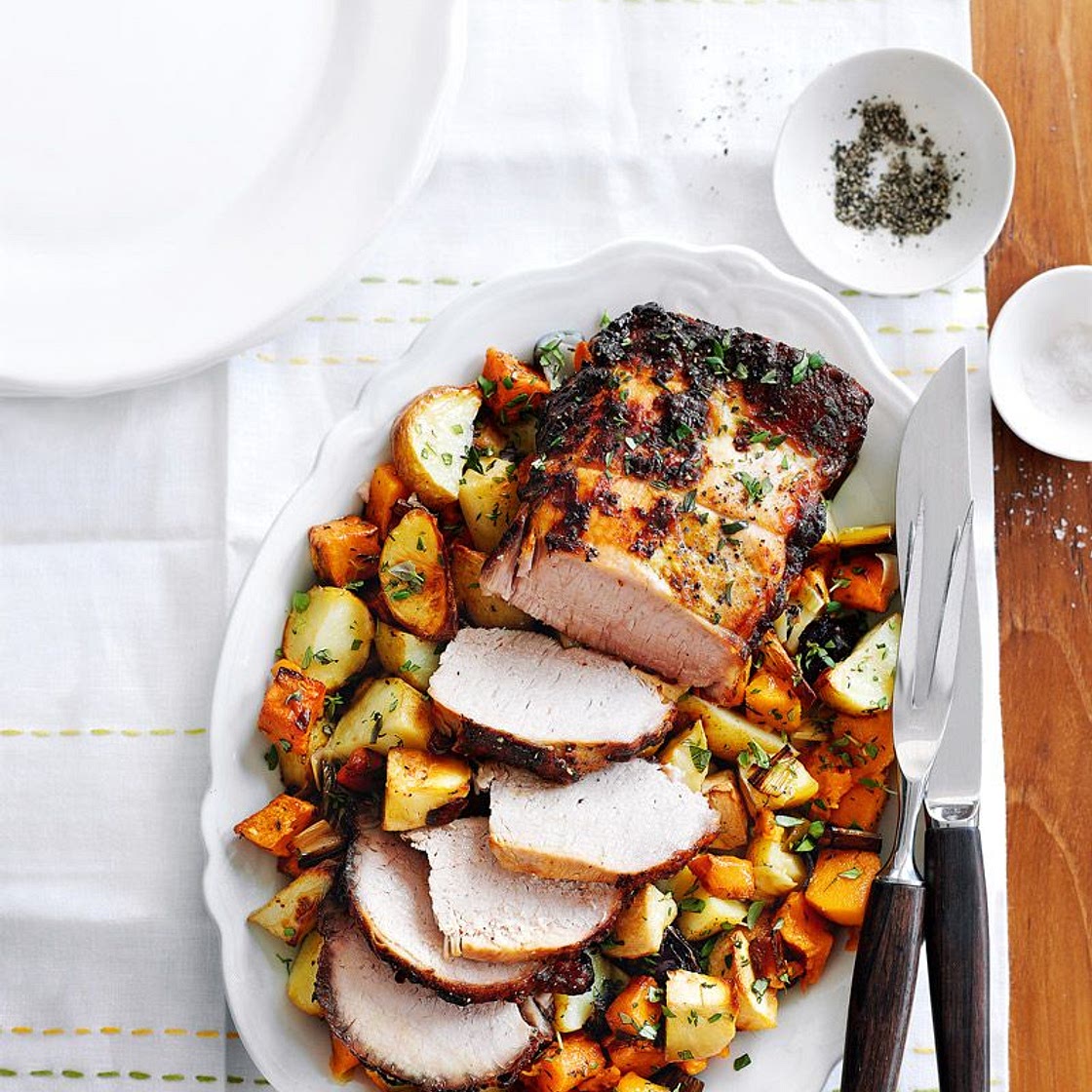 Roast lemon and mustard pork with one pan vegetables