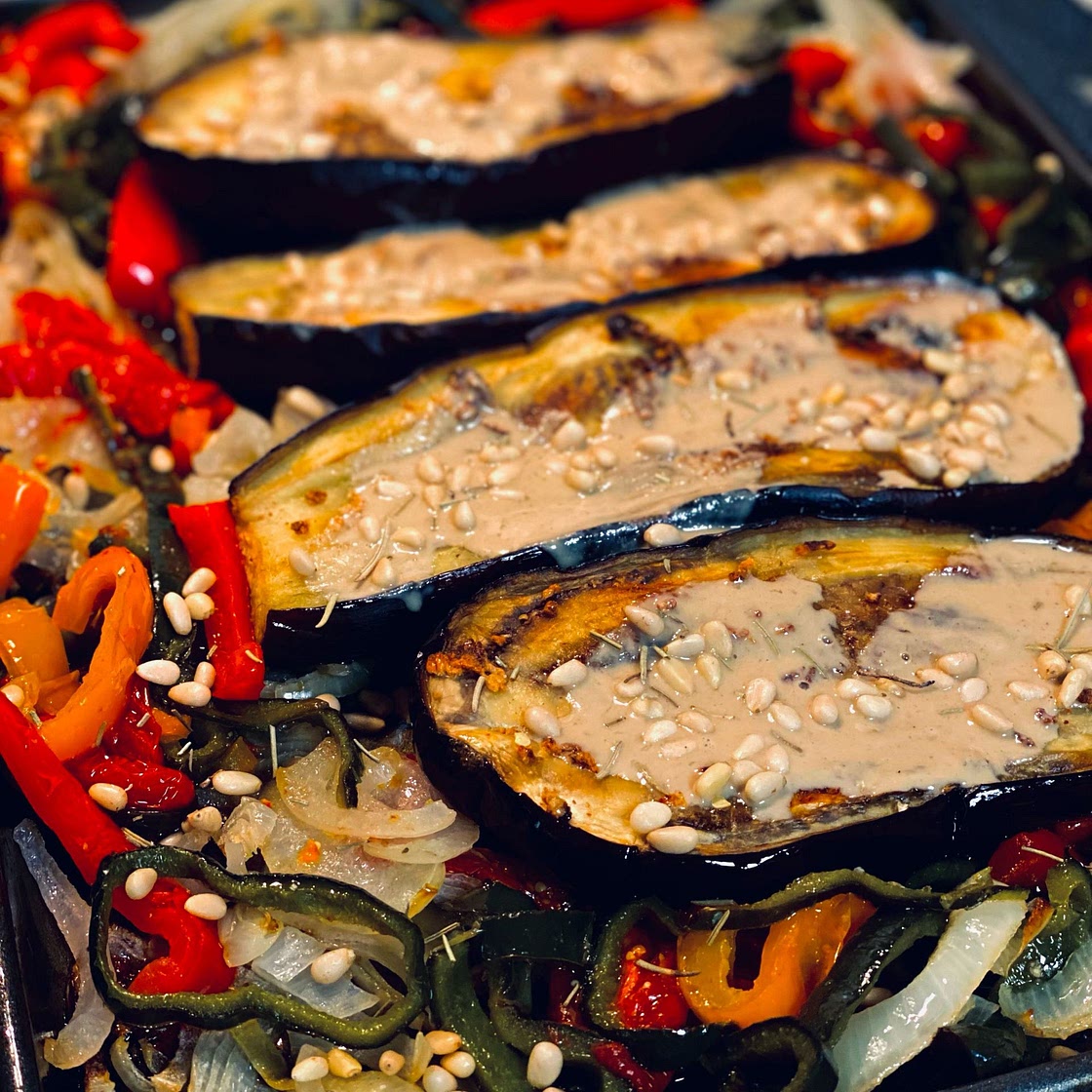 Roasted Eggplant With Tahini, Pine Nuts, and Lentils Recipe