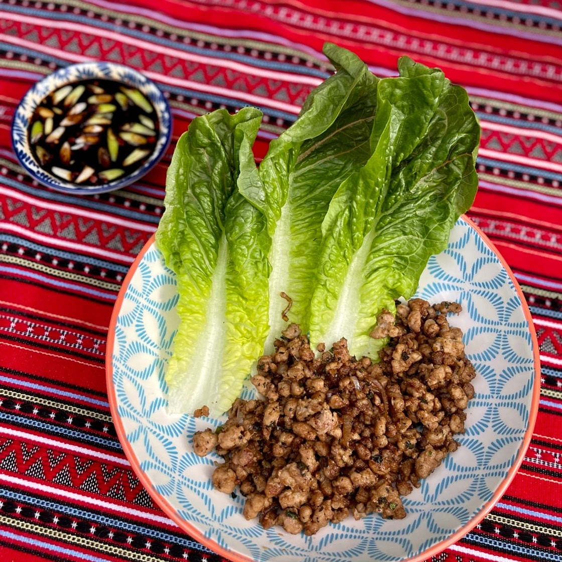 Caramalised Basil Pork Lettuce Wraps (Laab)