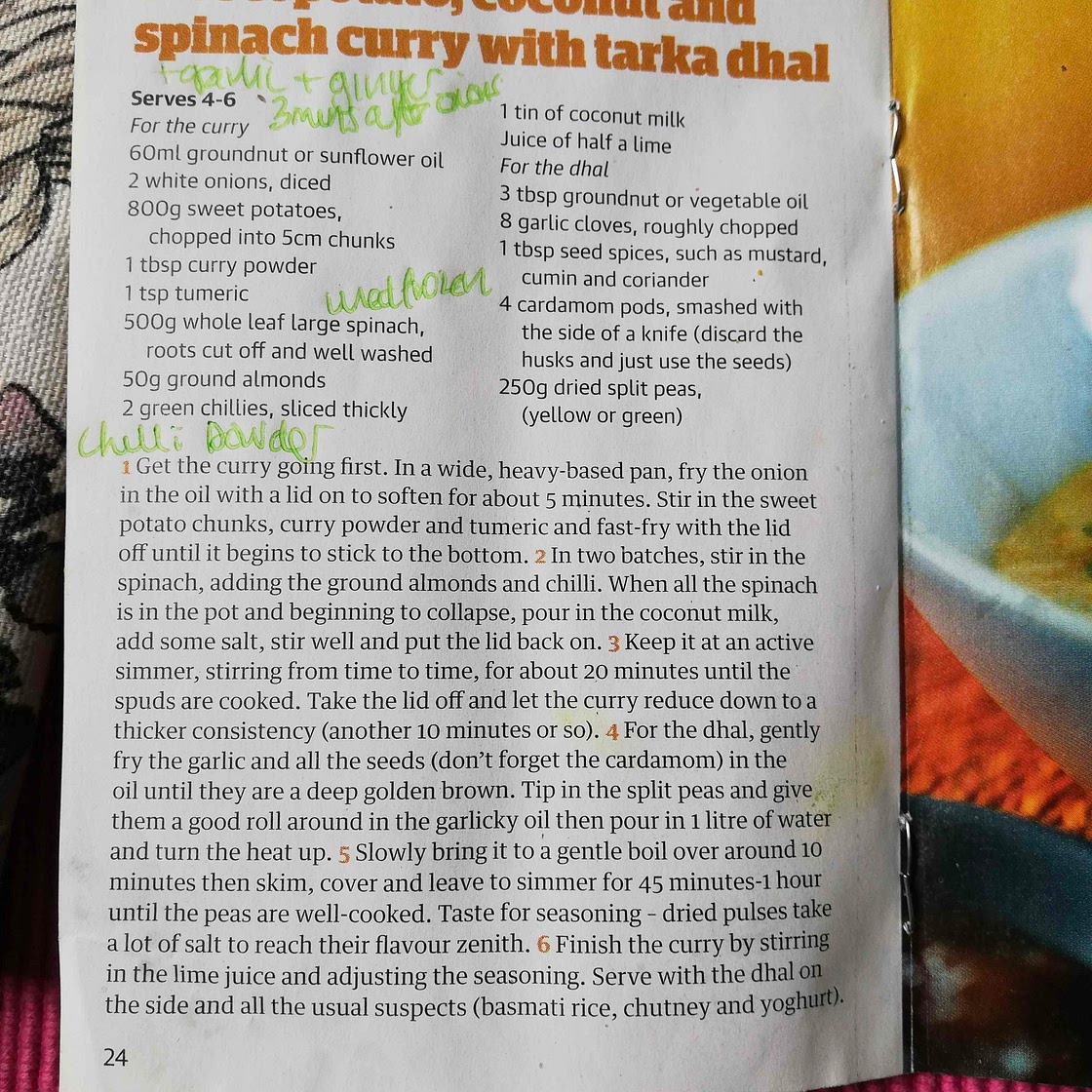 Sweet potato, coconut and spinach curry with tarka dhal