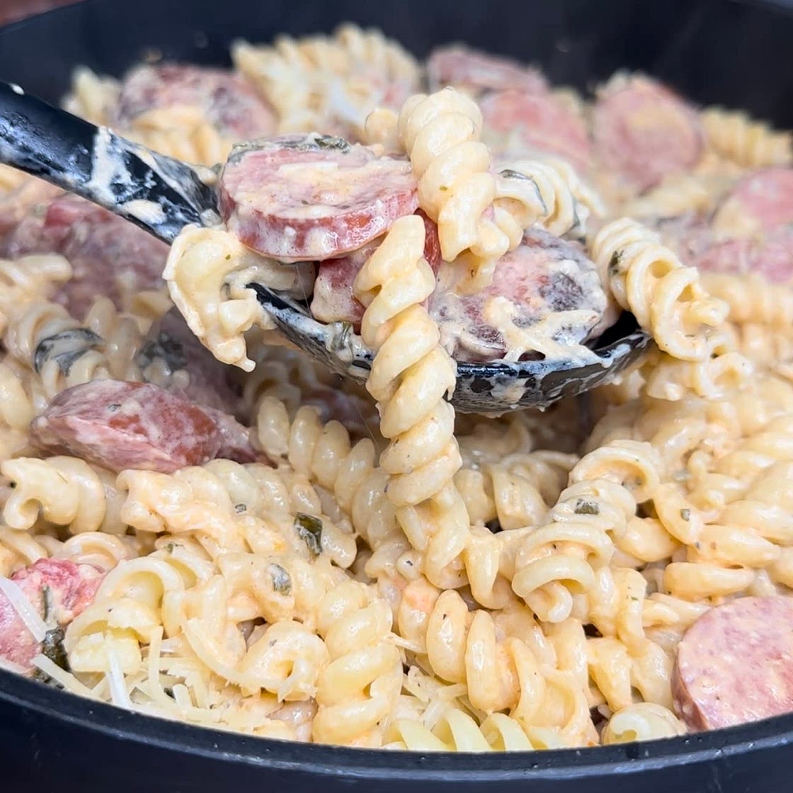 Smoked Sausage and Spin Dip Pasta 