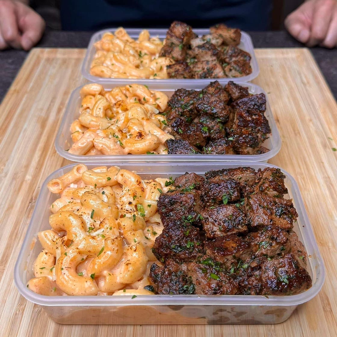 High protein garlic herb steak bites and Cajun Mac n cheese