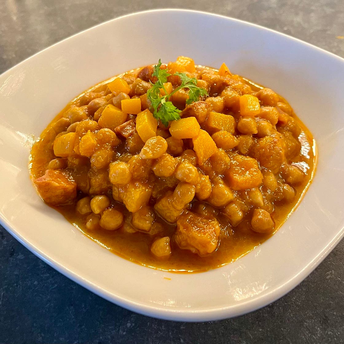 Chickpea, butternut squash  and chorizo slow cooked spiced stew