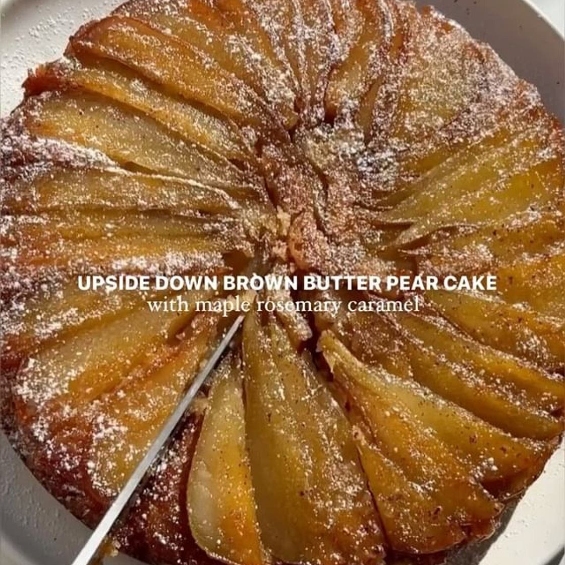 Brown Butter Upside Down Pear Cake with Maple Rosemary Caramel!