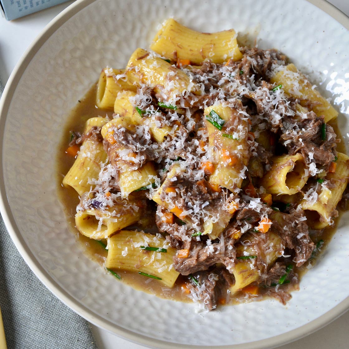 Rigatoni with pulled beef cheeks