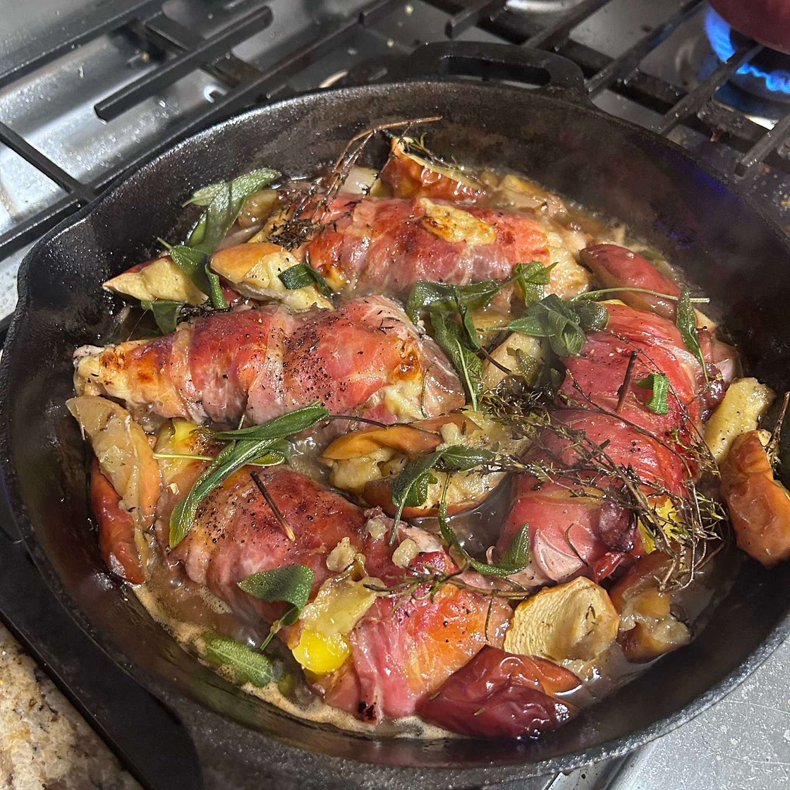 Prosciutto Apple and Sage Butter Chicken with Cider Pan Sauce