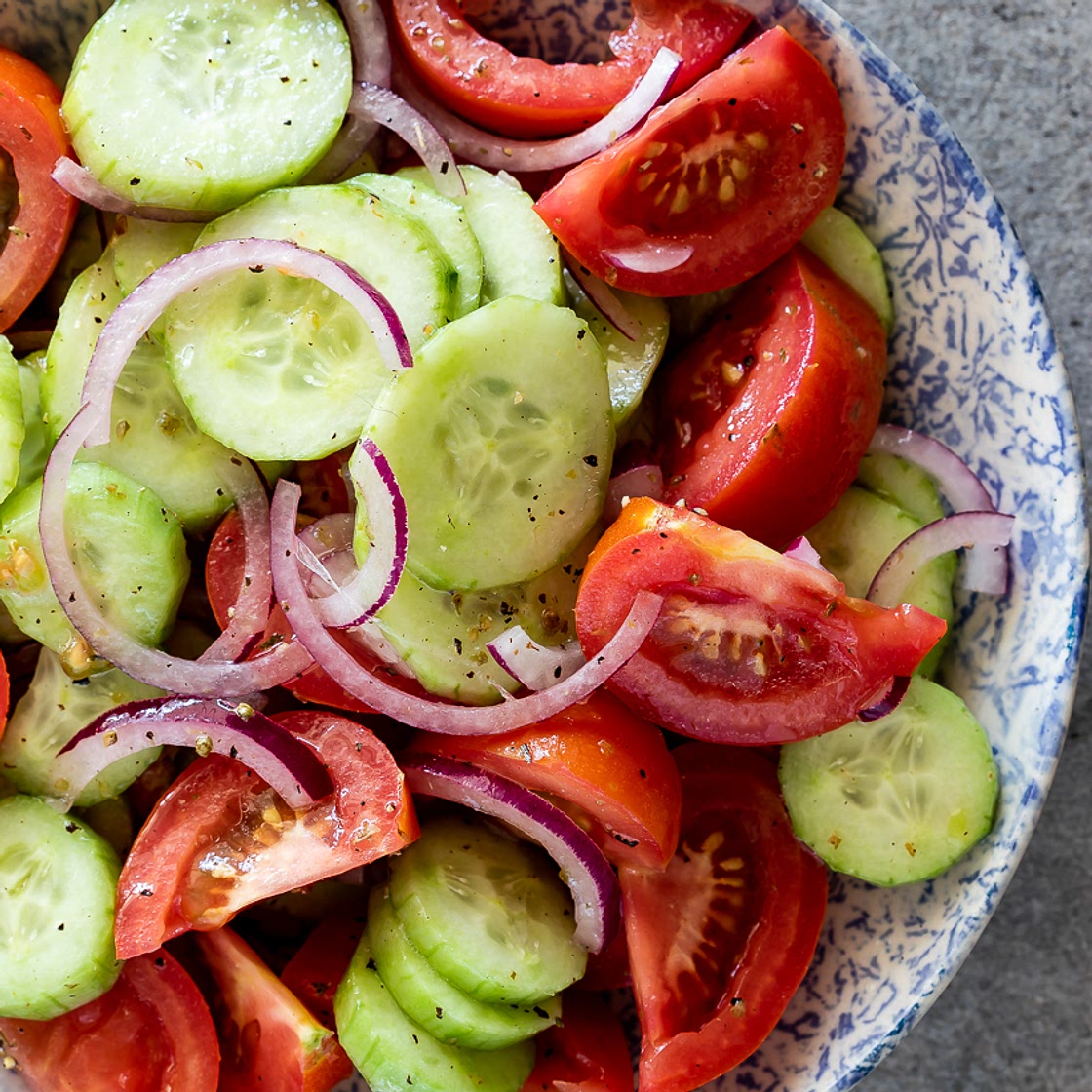 Easy cucumber, tomato and red onion salad