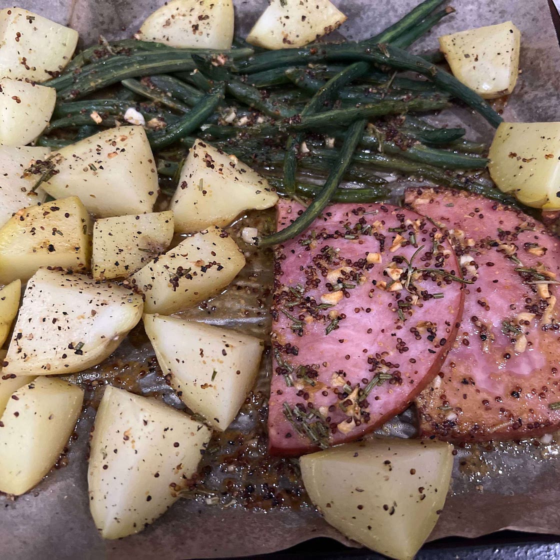 Ham Steaks Sheet Pan Dinner with Green Beans and Potatoes