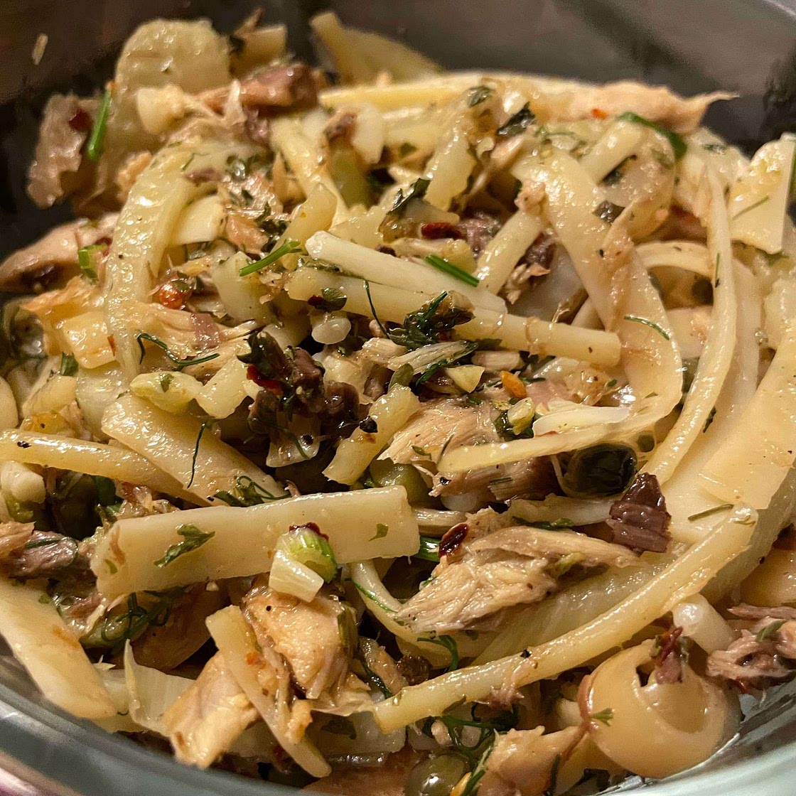 Mackerel, fennel and olive spaghetti