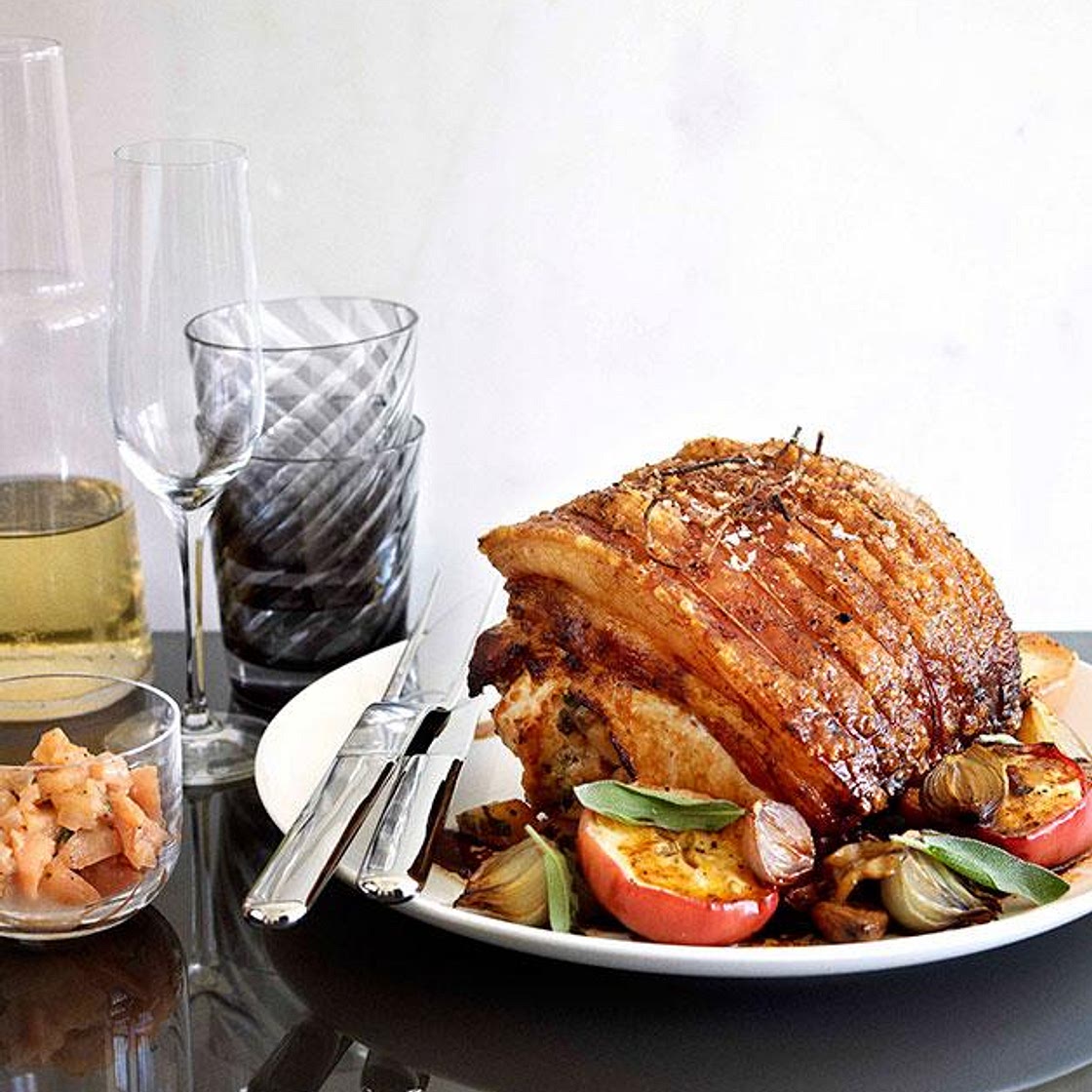 Rolled roast pork loin with apple and chestnuts