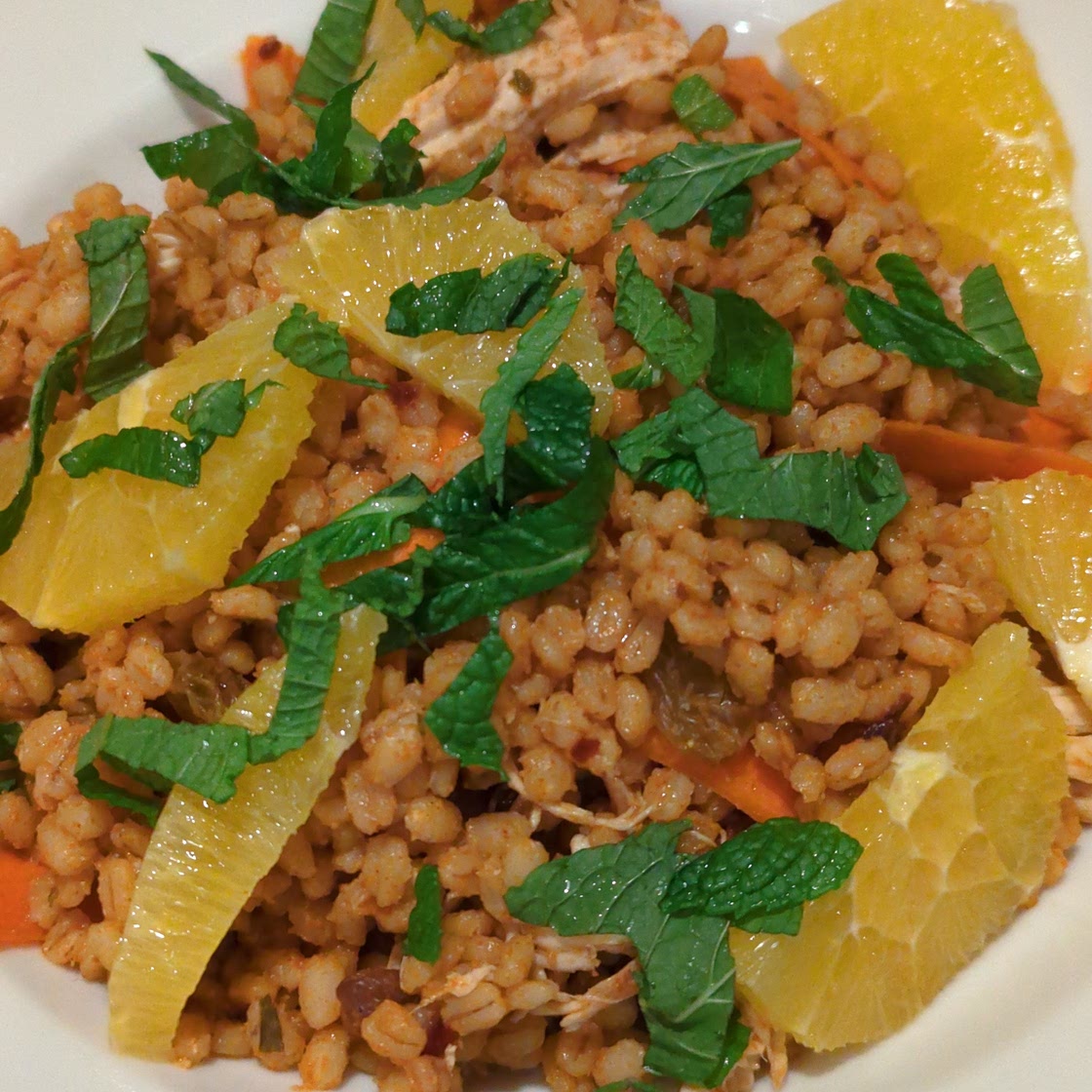 Chicken and barley salad with harissa and orange