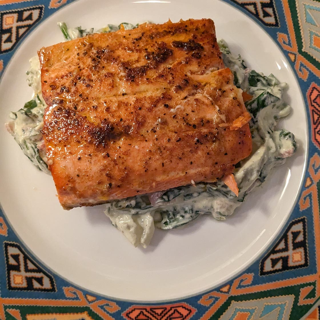 Salmon with Spinach and Pancetta Cream Sauce