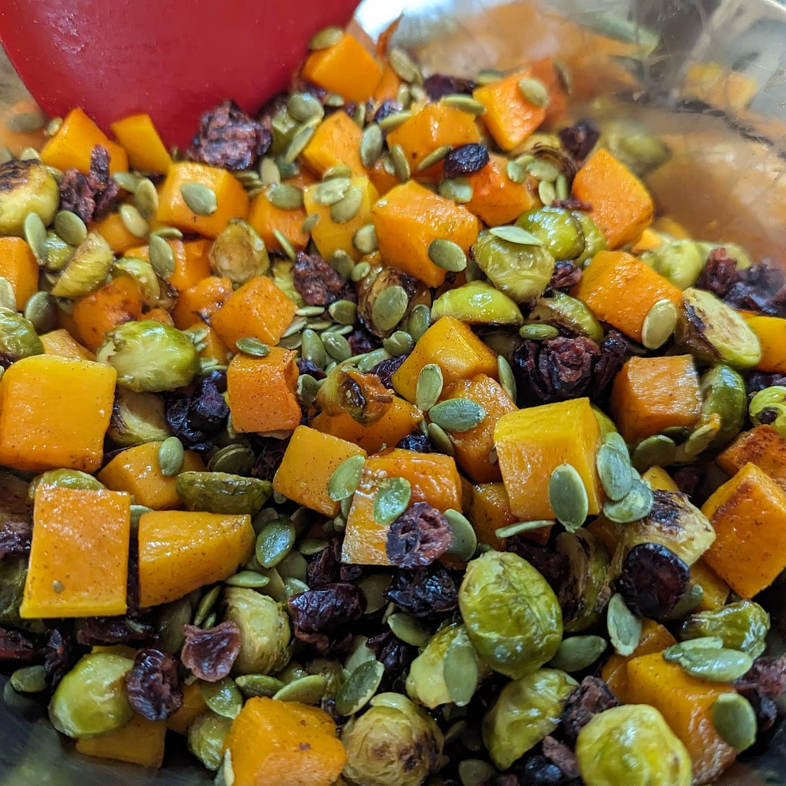 Roasted Brussels Sprouts Salad with Maple Butternut Squash, Pumpkin Seeds, and Cranberries