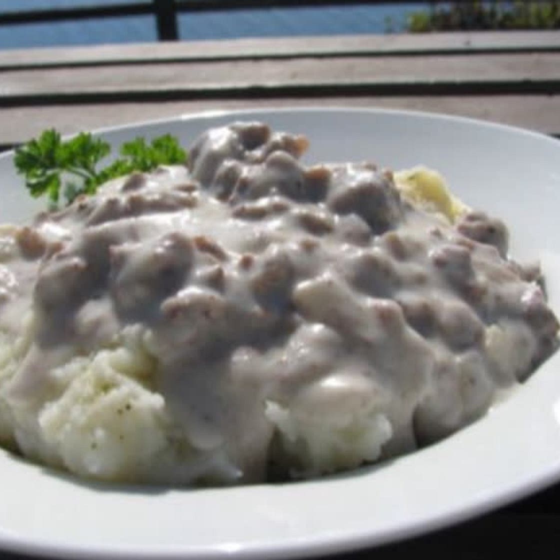 Hamburger Gravy over Mashed Potatoes