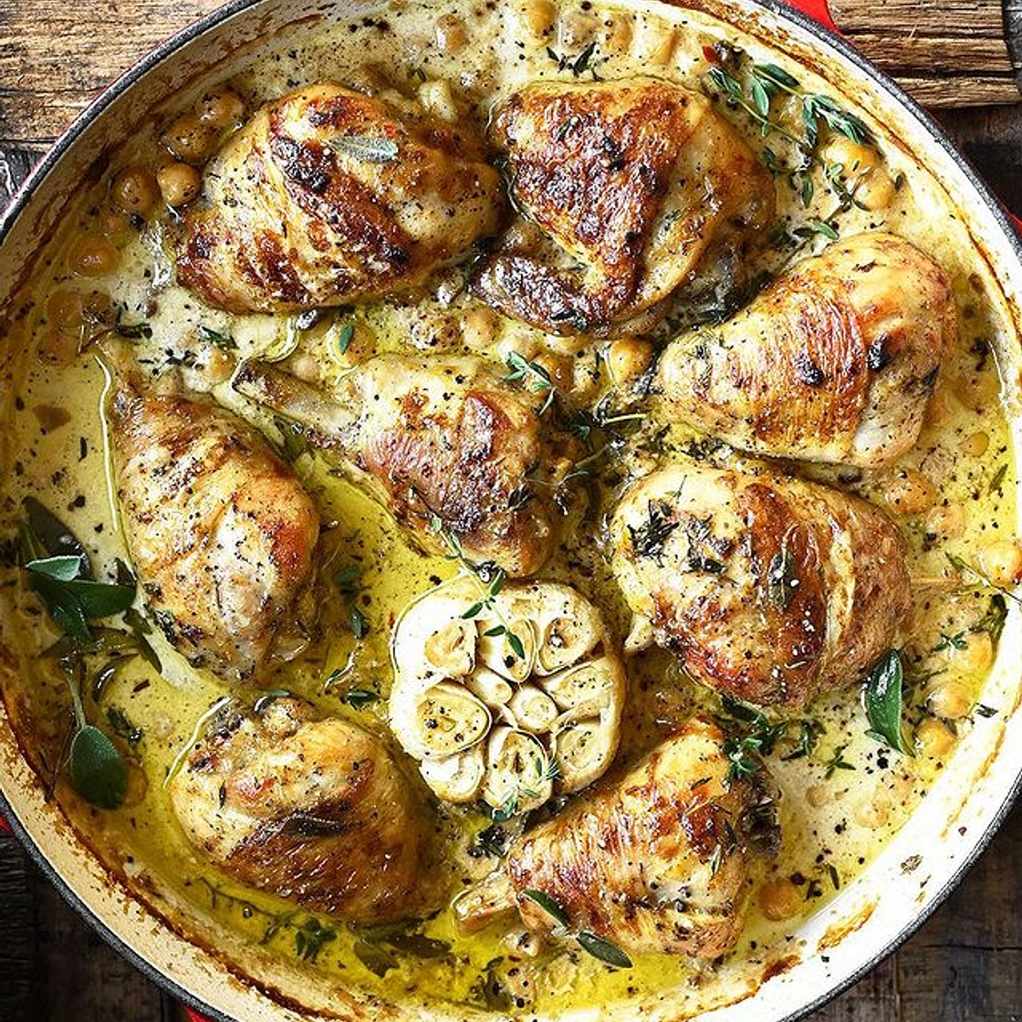 Creamy garlic butter chicken. The juicy thighs are baked togethe