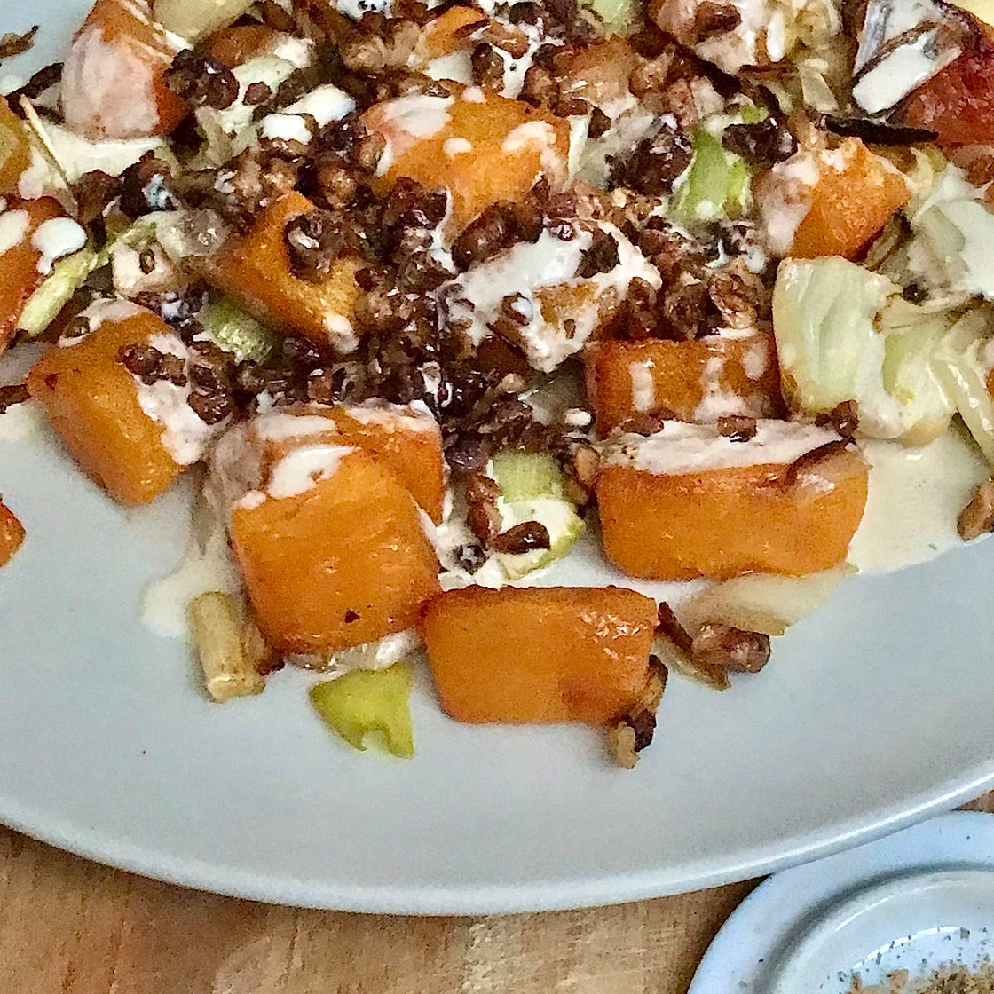 Roasted Butternut Squash with Orange Tahini, Walnuts, and Za’atar
