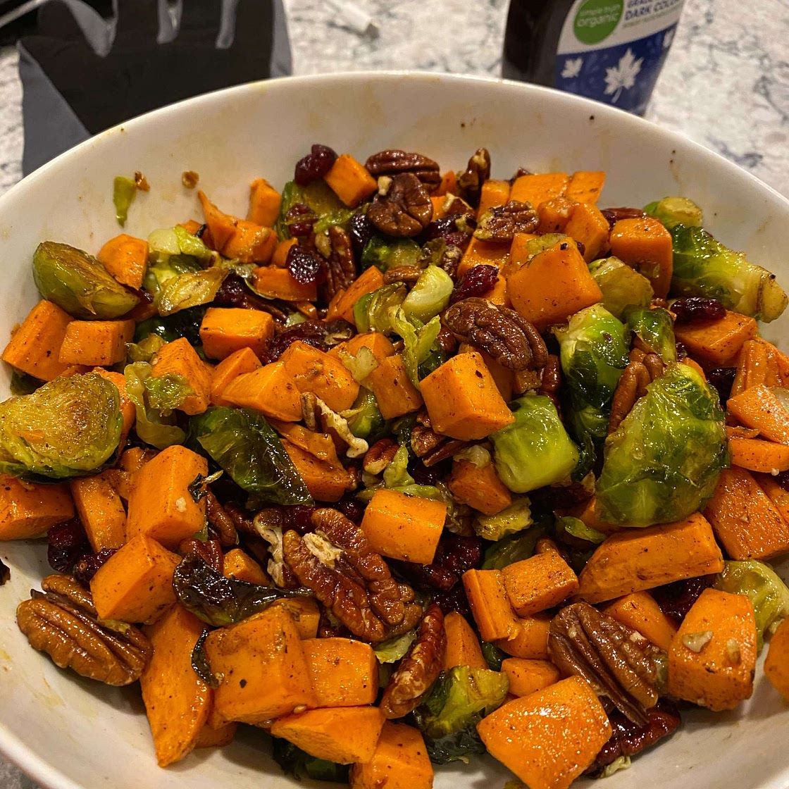 Roasted Brussels Sprouts and Cinnamon Butternut Squash with Pecans and Cranberries