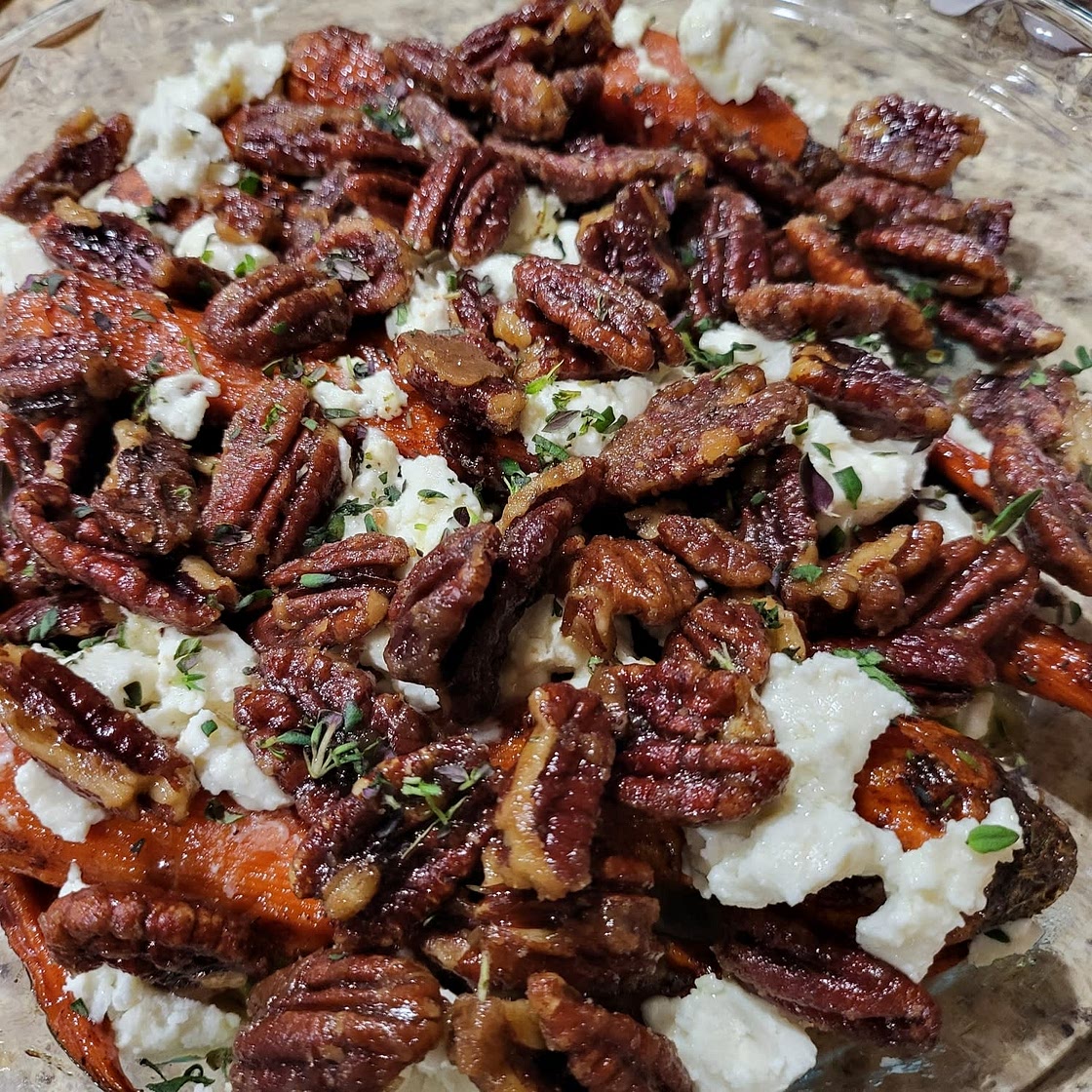 Roasted Carrots with Candied Pecan and Goat Cheese
