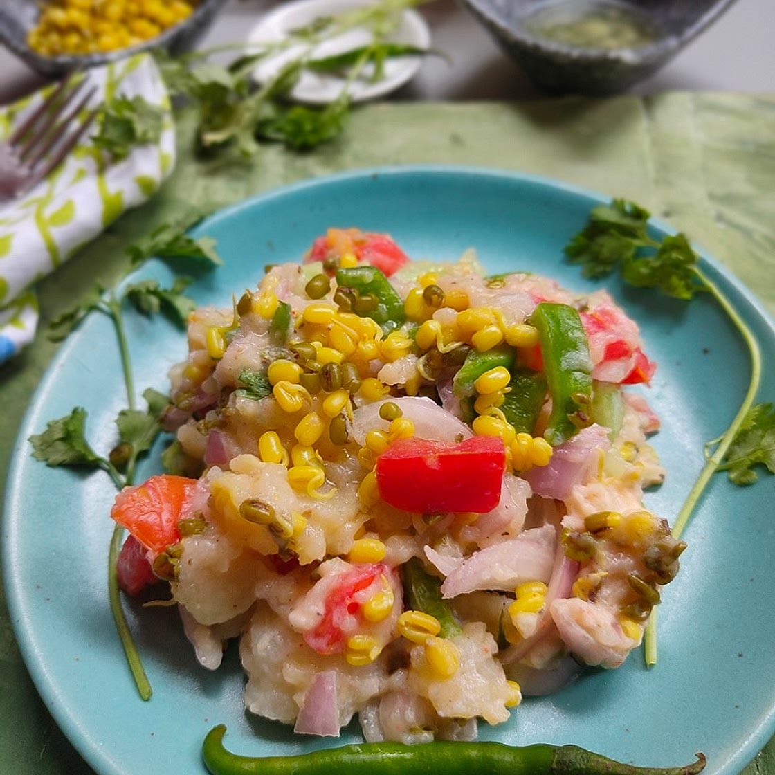 Mashed Potato Salad with Green Mung Beans {Vegetarian & No-Mayo}