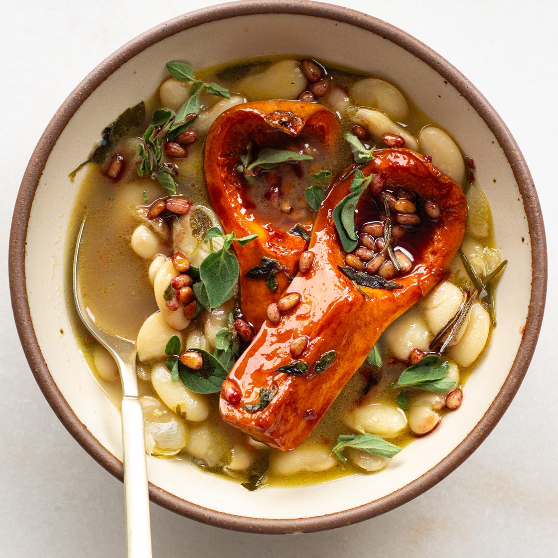 Red Wine Honeynut Squash on Brothy Beans