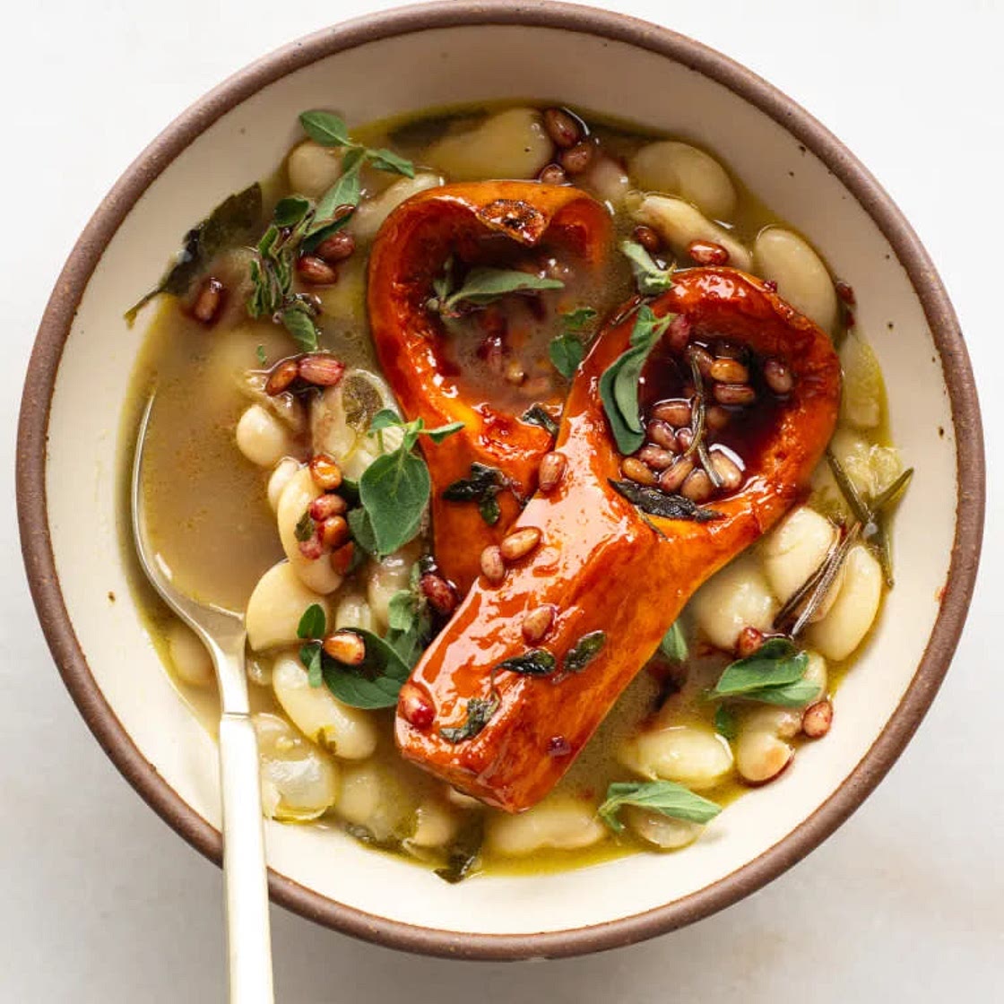 Red Wine Honeynut Squash on Brothy Beans
