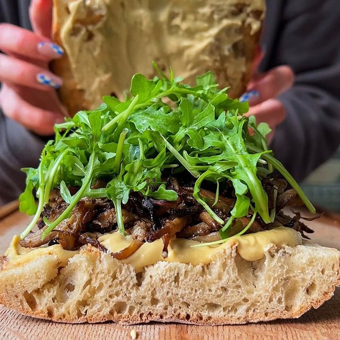 roasted oyster mushroom and miso cashew cream sandwich