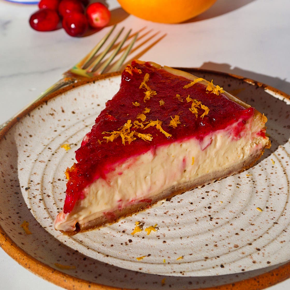 Creamy Cranberry Orange Cheesecake (vegan, gf)
