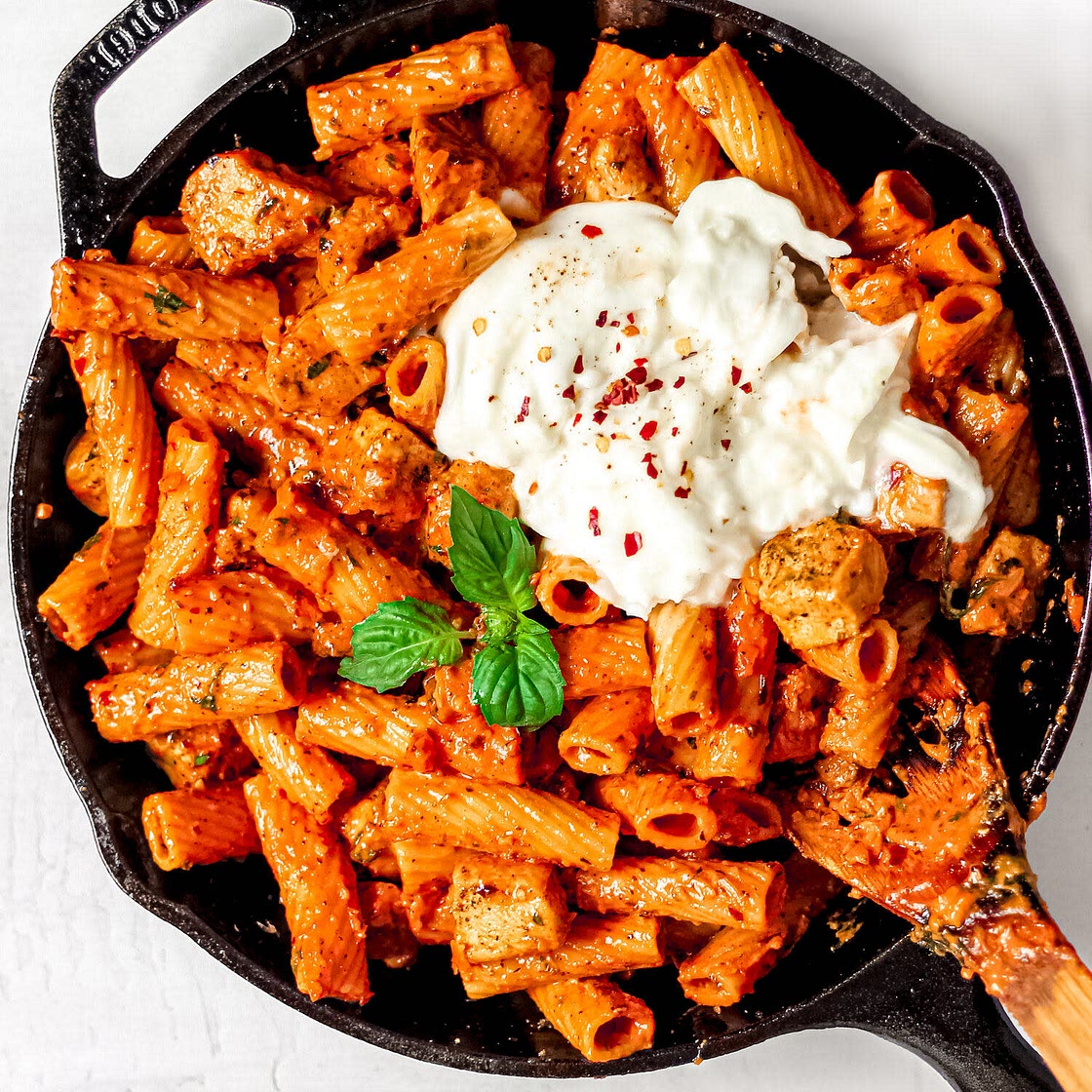 Spicy Rigatoni topped with Fresh Burrata