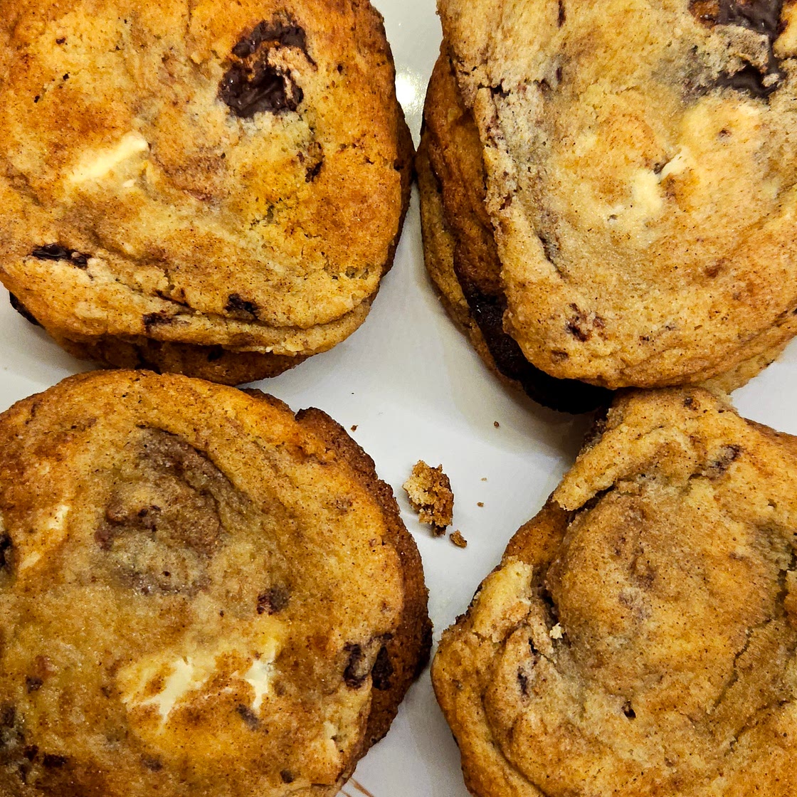Cinnamon Sugar-Rolled Triple Chocolate Chunk Cookies