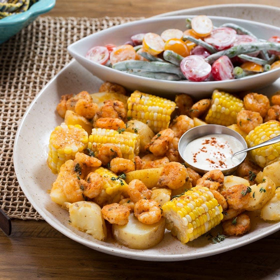 Shrimp, Potato & Corn "Boil" with Creamy Summer Bean & Cherry Tomato Salad