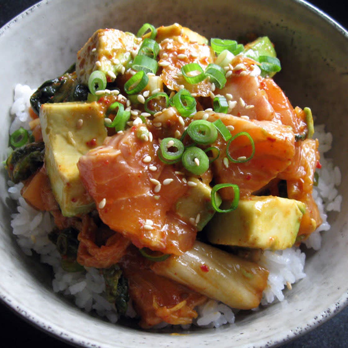 Salmon Donburi with Avocado and Kimchi