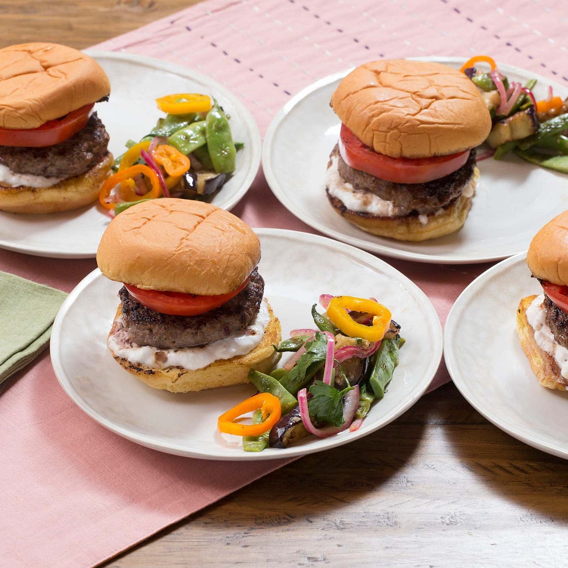 Lamb & Beef Feta Burgers with Romano Bean, Eggplant & Summer Pepper Salad