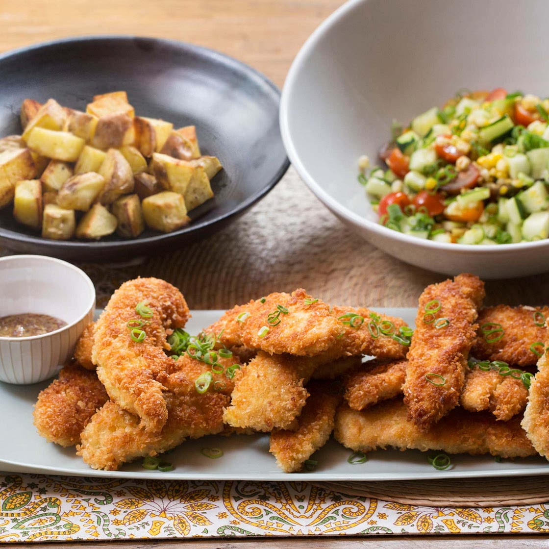 Crispy Chicken Tenders & Roasted Potatoes with Summer Vegetable Salad & Honey Mustard