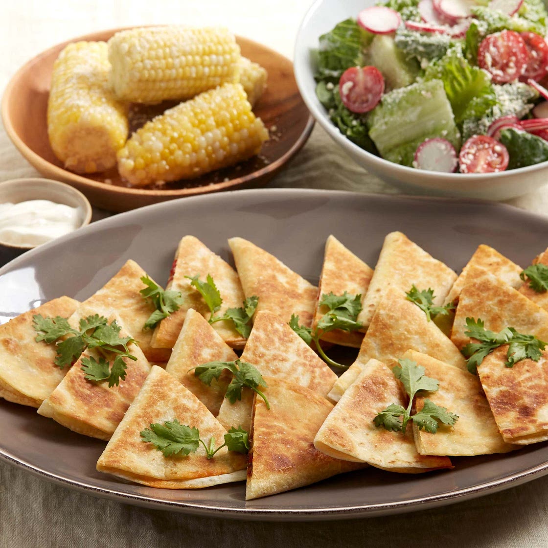 Monterey Jack & Spiced Pepper Quesadillas with Corn on the Cob & Tomato-Romaine Salad