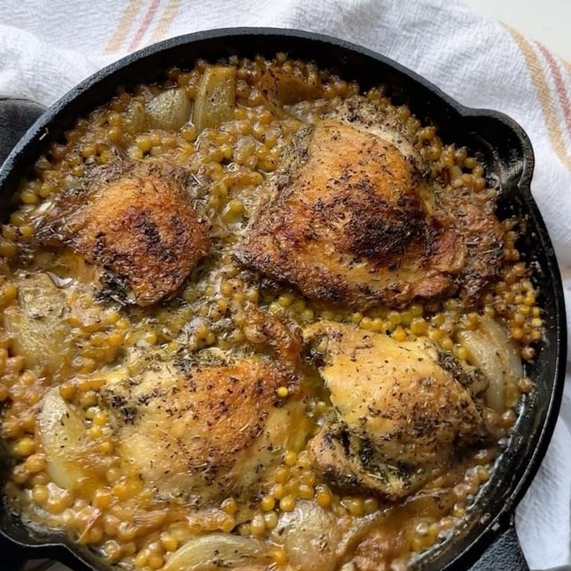 One pot Dijon chicken and couscous with herbs de Provence and sh