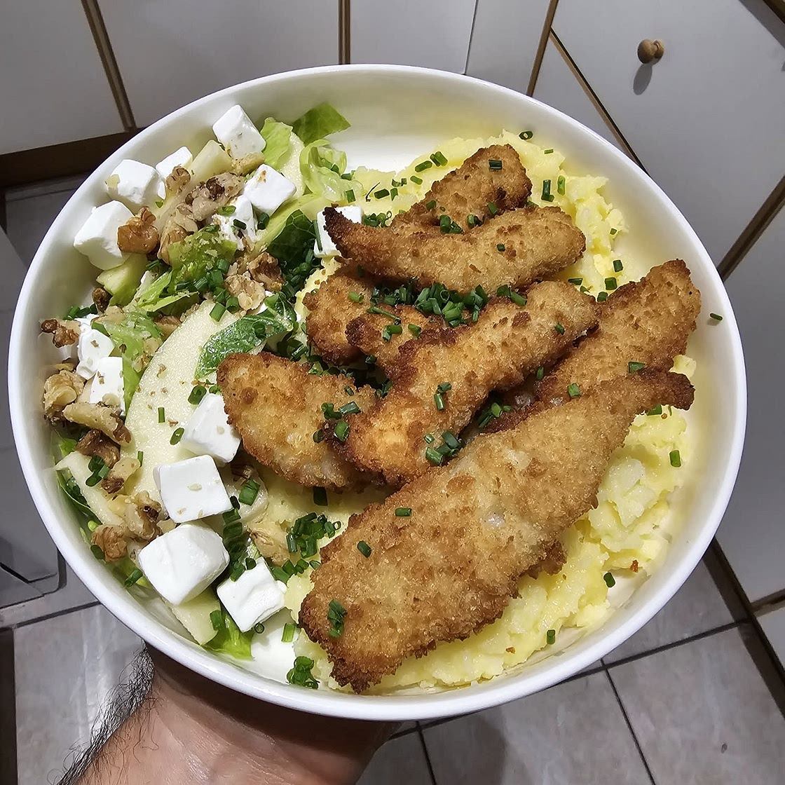 Hake Goujons & Apple Salad with toasted walnuts & a smooth potato mash