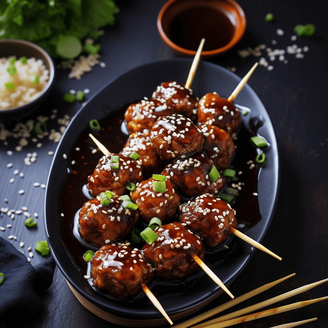 Gourmet Teriyaki Glazed Meatball Skewers with Sesame Seeds