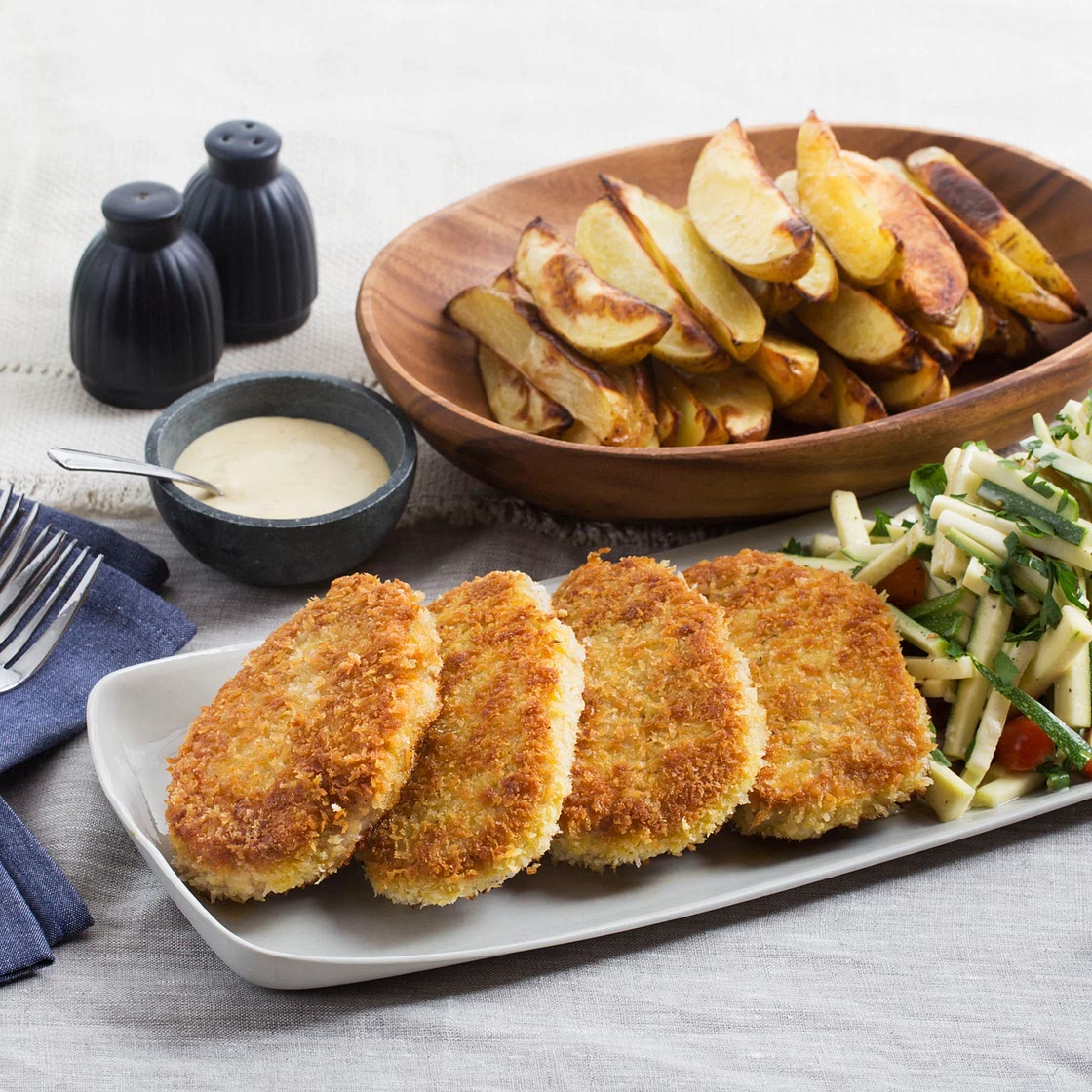 Crispy Pork Chops with Roasted Potato Wedges & Summer Squash-Tomato Slaw