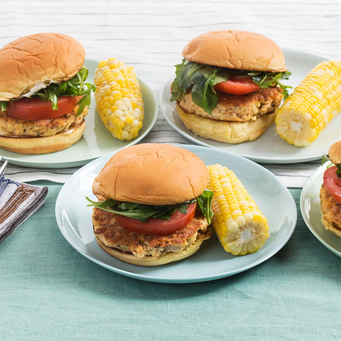 Lemon-Dill Salmon Burgers with Buttered Corn on the Cob