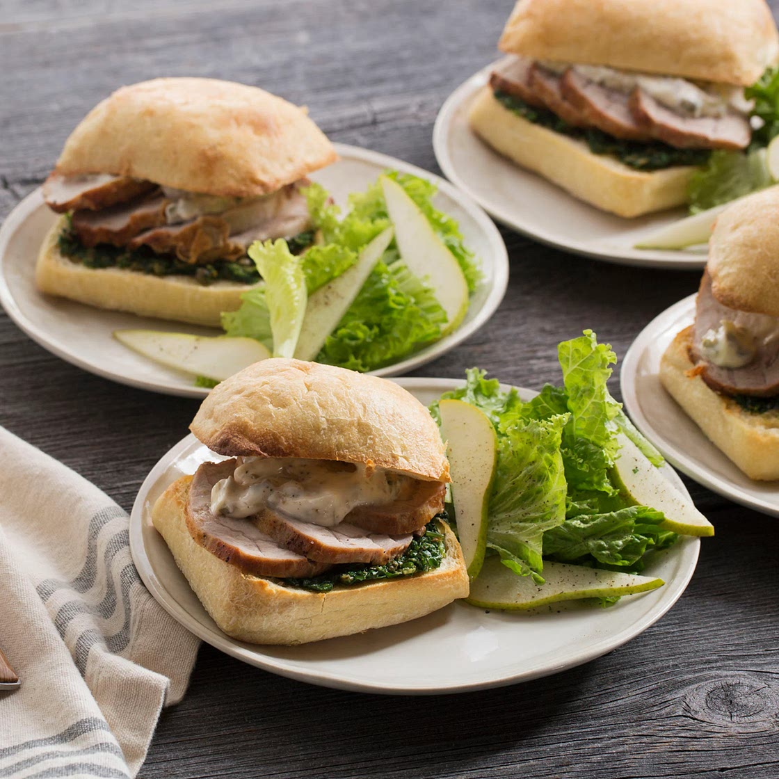 Roasted Pork Sandwiches with Kale Pesto & Caper Mayonnaise