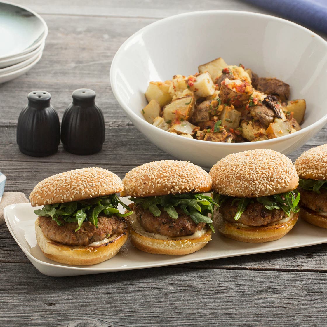 Smoky Pork Burgers with Cauliflower, Pepper & Potato Salad