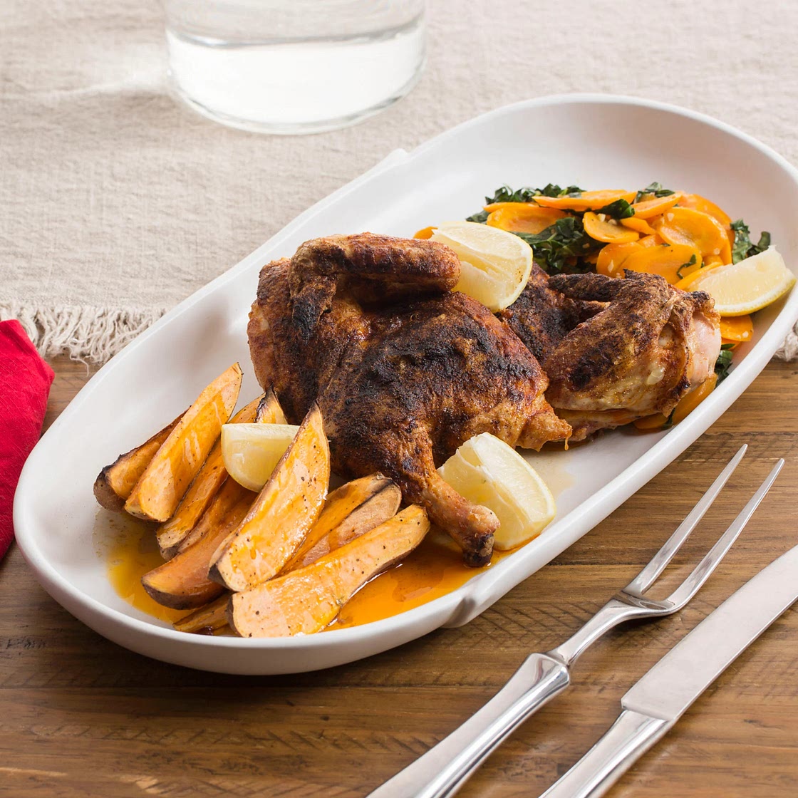 BBQ Roasted Chicken with Maple Sweet Potato Wedges & Collard Greens