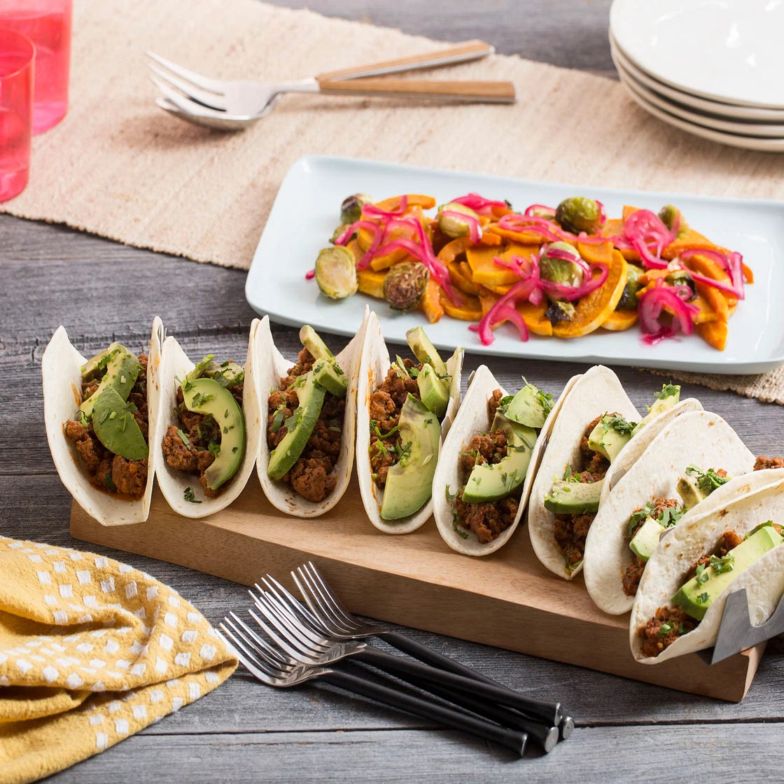 Barbacoa Lamb & Beef Tacos with Roasted Honeynut Squash & Brussels Sprouts