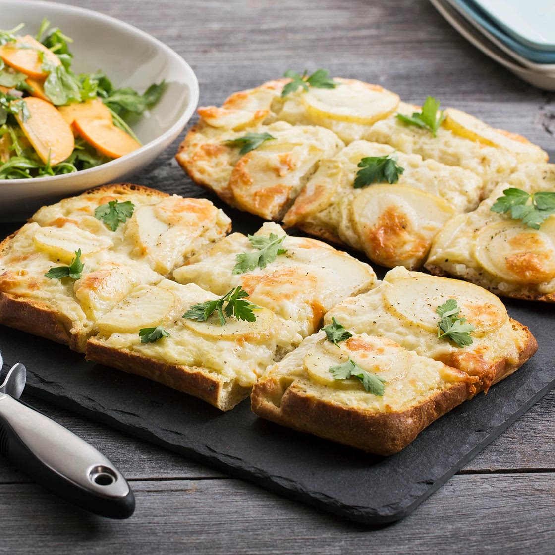 Potato & Béchamel Focaccia Pizzas with Arugula & Persimmon Salad