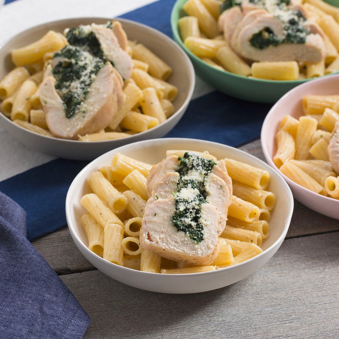 Chicken Rollatini with Spinach & Cheesy Elicoidali Pasta