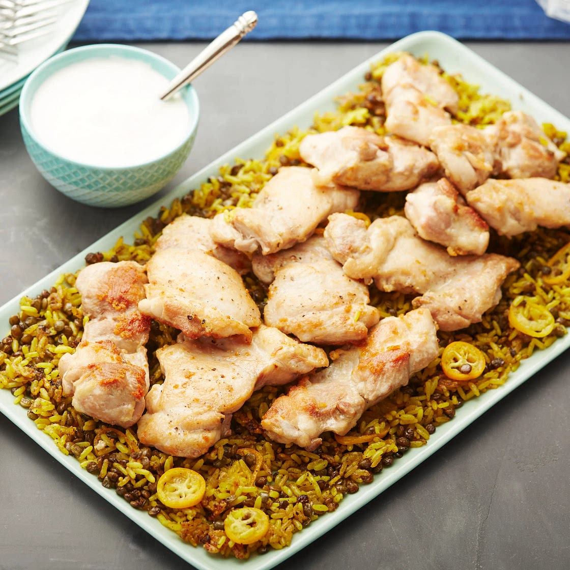 Seared Chicken Thighs with Kumquats, Spiced Rice & Lentils