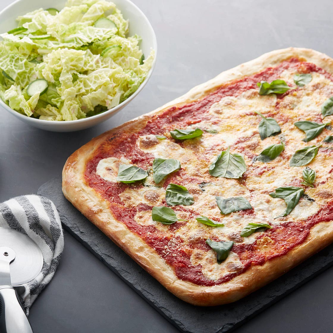 Fresh Mozzarella & Basil Pizza with Savoy Cabbage Salad