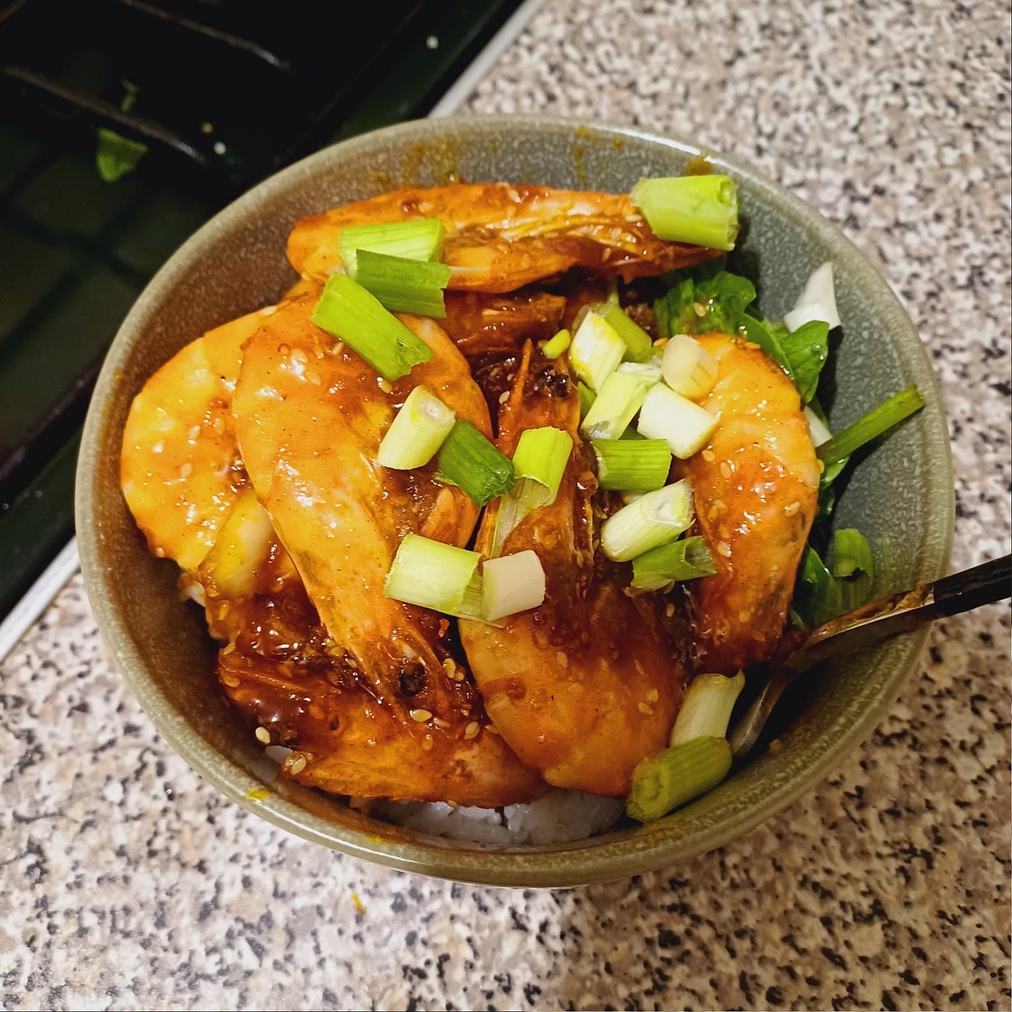 Honey, sesame & orange king prawns